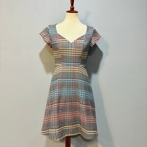 Anthropologie Moulinette Soeurs Finley Plaid Fit & Flare Dress pink blue, Size 4